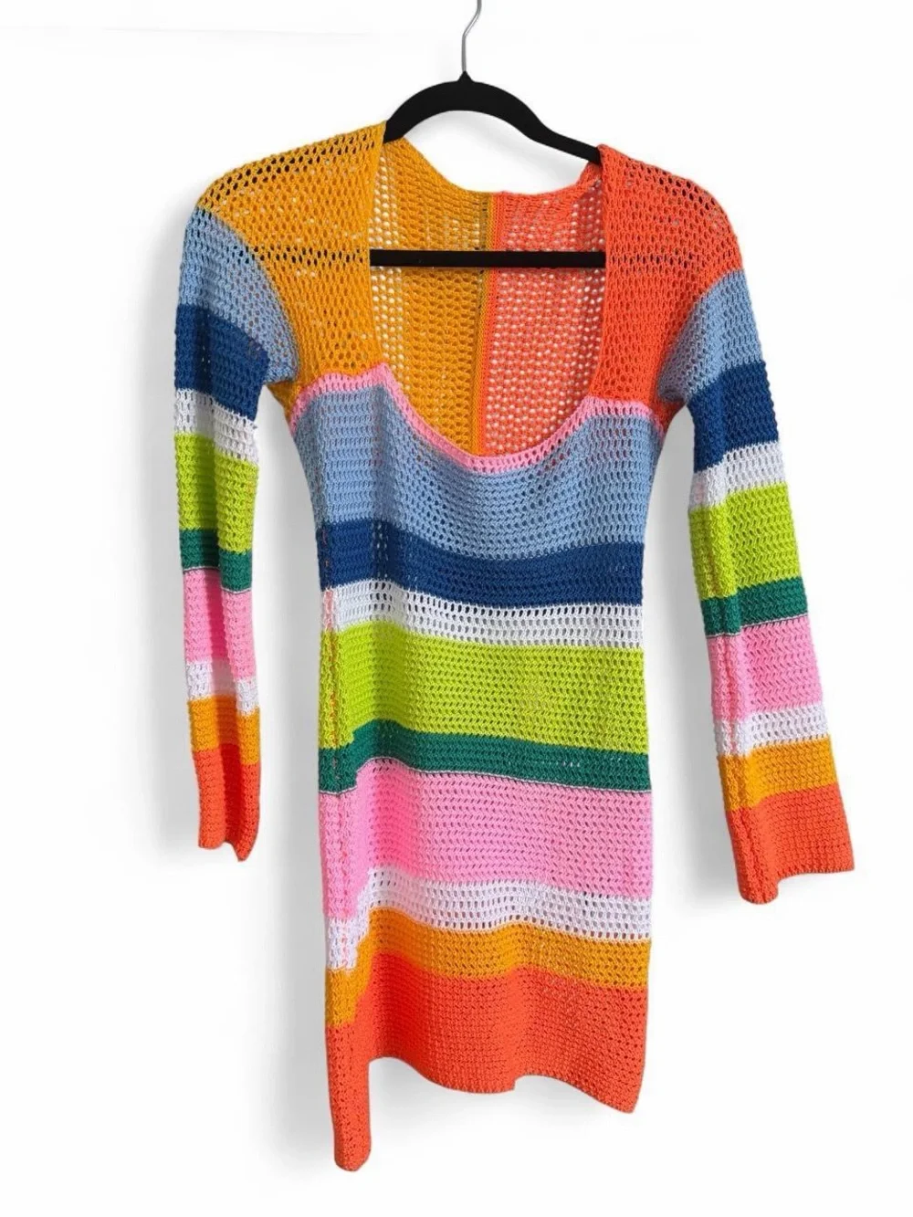 Women’s Multi-Color Crochet Cover-Up Dress - Vibrant Stripe Beachwear